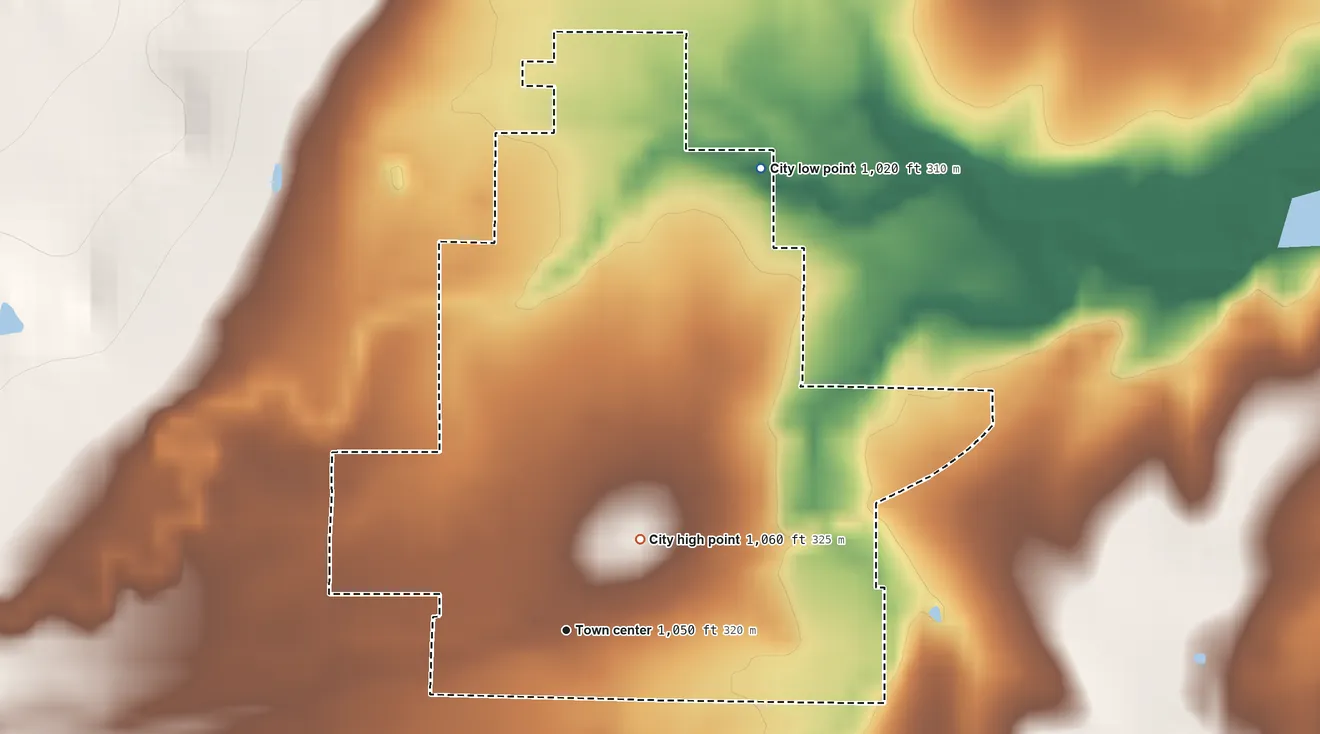 Topographic elevation map of Moline, Kansas, shaded from 1,020 ft on the northeast side to 1,060 ft on the northeast side