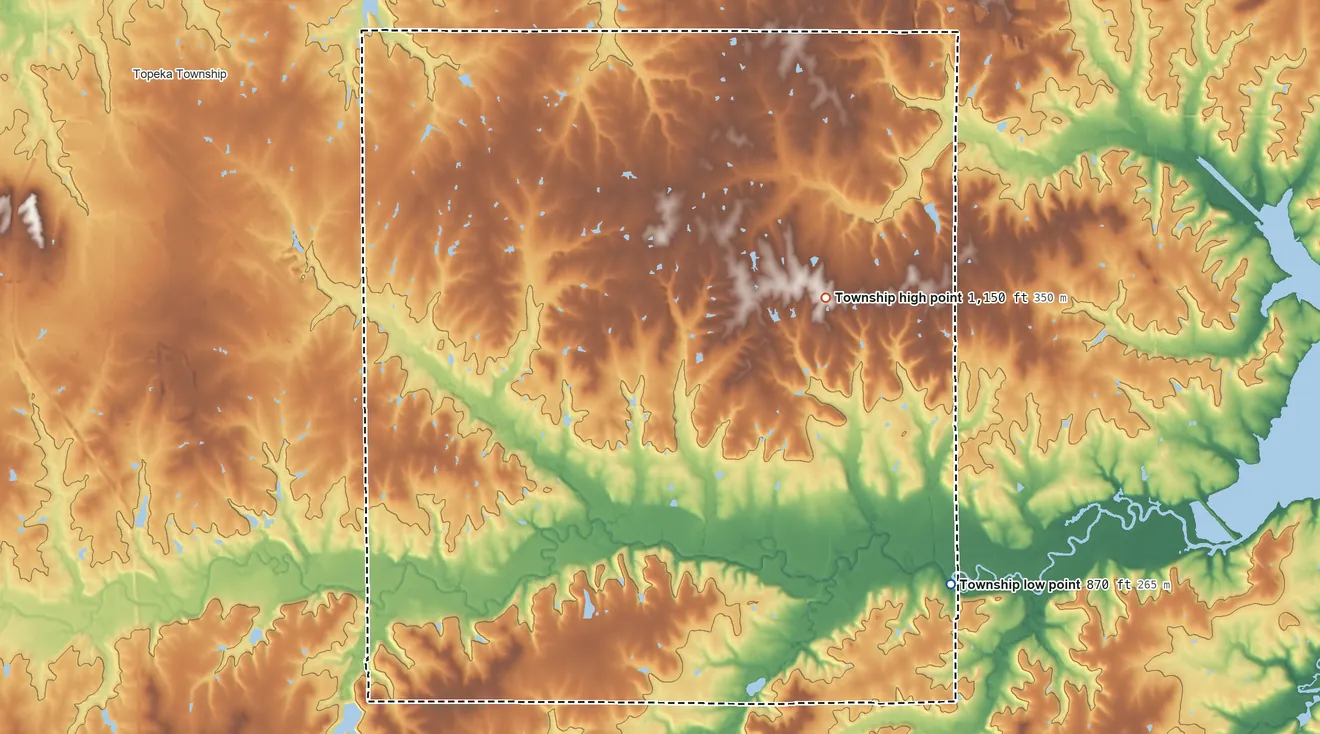 Topographic elevation map of Monmouth Township, Kansas, shaded from 870 ft on the southeast side to 1,150 ft on the east side