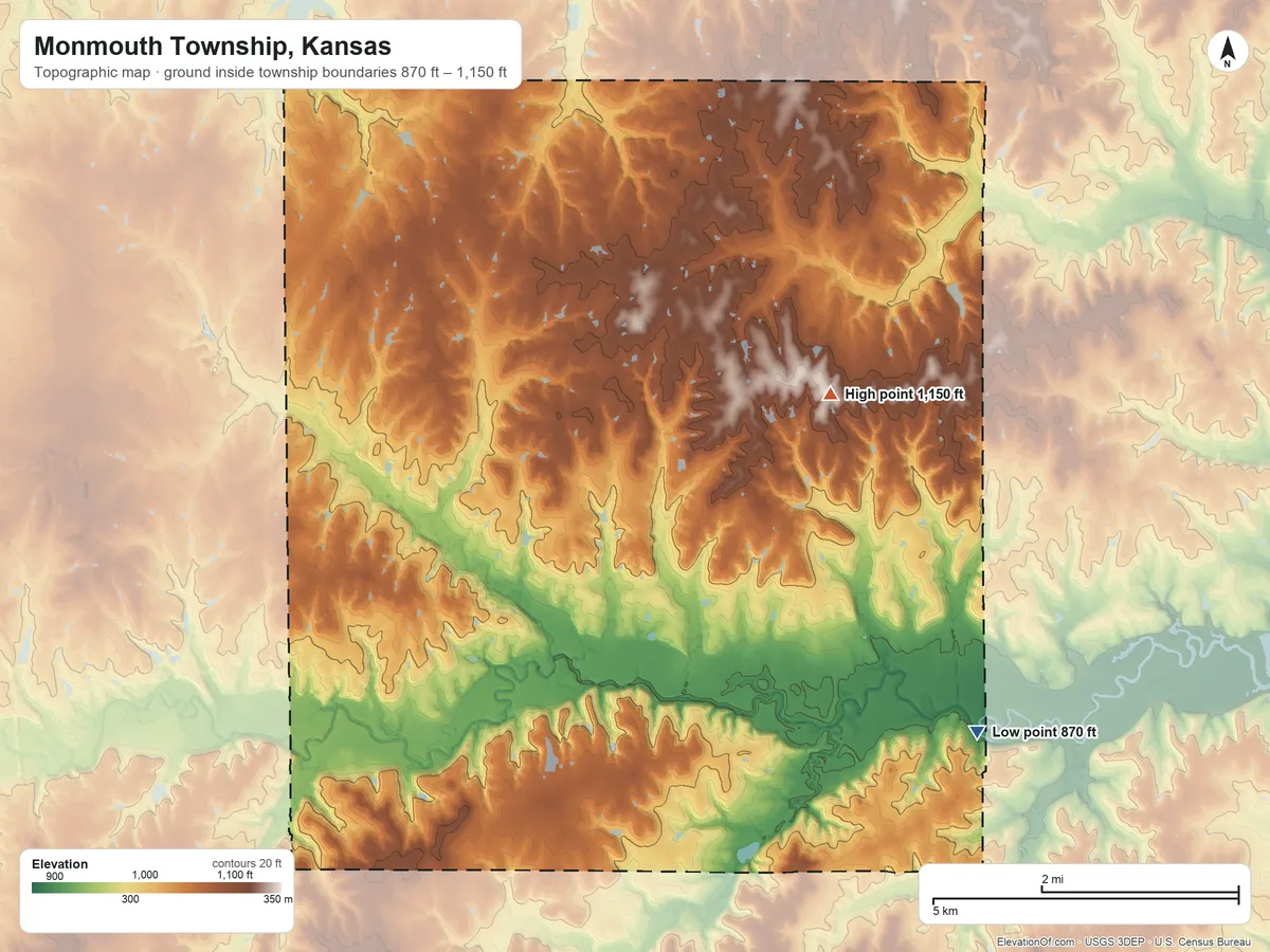 Topographic elevation map of Monmouth Township, Kansas, shaded from 870 ft on the southeast side to 1,150 ft on the east side