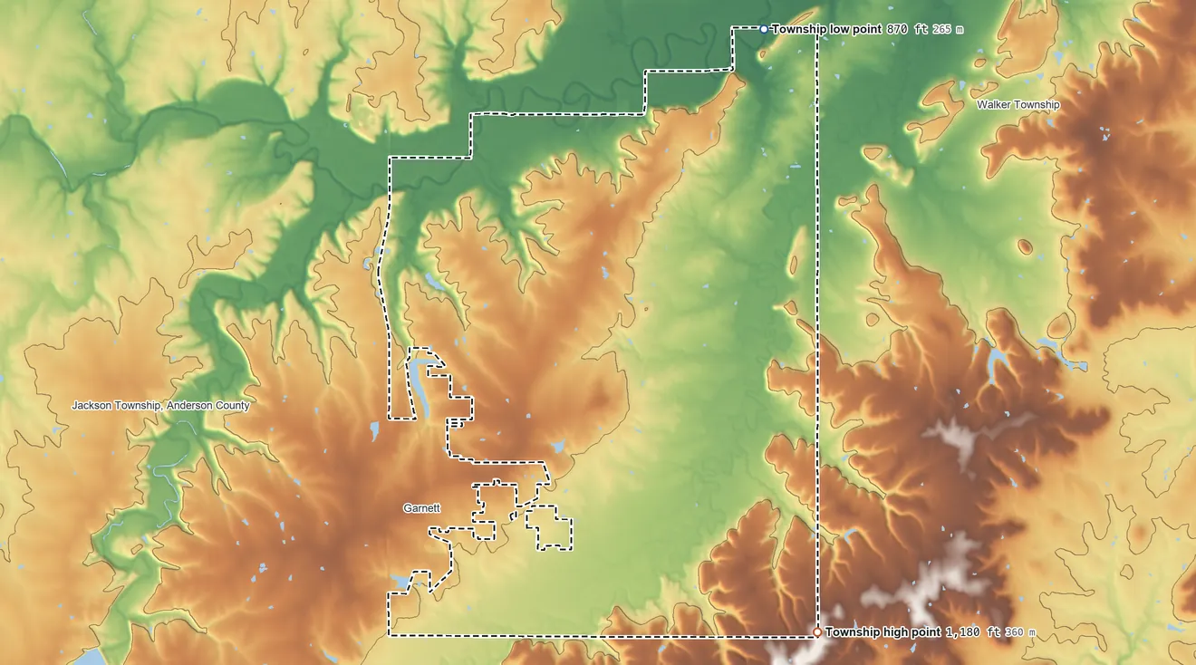 Topographic elevation map of Monroe Township, Kansas, shaded from 870 ft on the northeast side to 1,180 ft on the southeast side