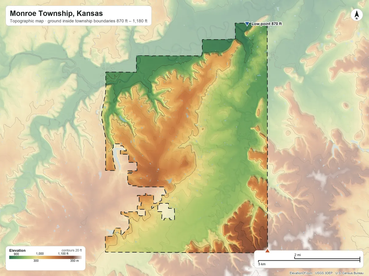 Topographic elevation map of Monroe Township, Kansas, shaded from 870 ft on the northeast side to 1,180 ft on the southeast side