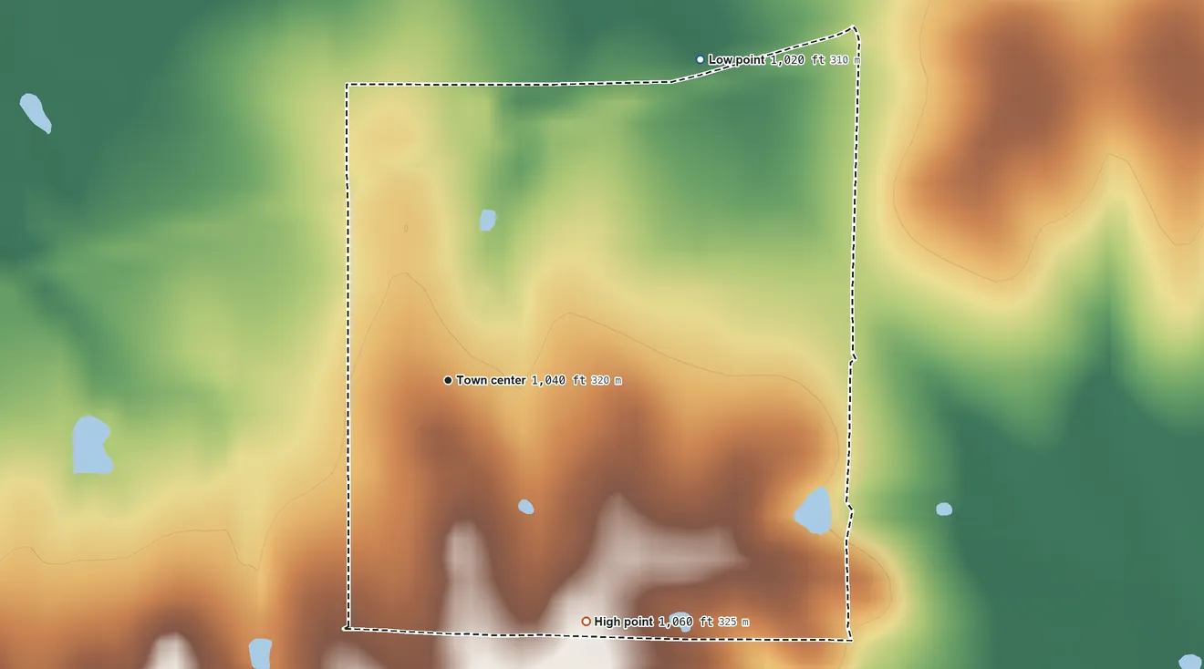 Topographic elevation map of Mont Ida, Kansas, shaded from 1,020 ft on the northeast side to 1,060 ft on the southeast side