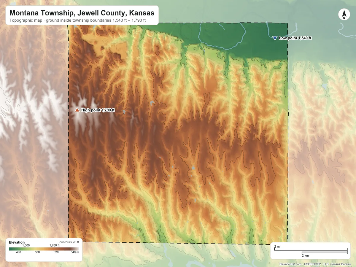 Topographic elevation map of Montana Township, Jewell County, Kansas, shaded from 1,540 ft on the east side to 1,790 ft on the southwest side