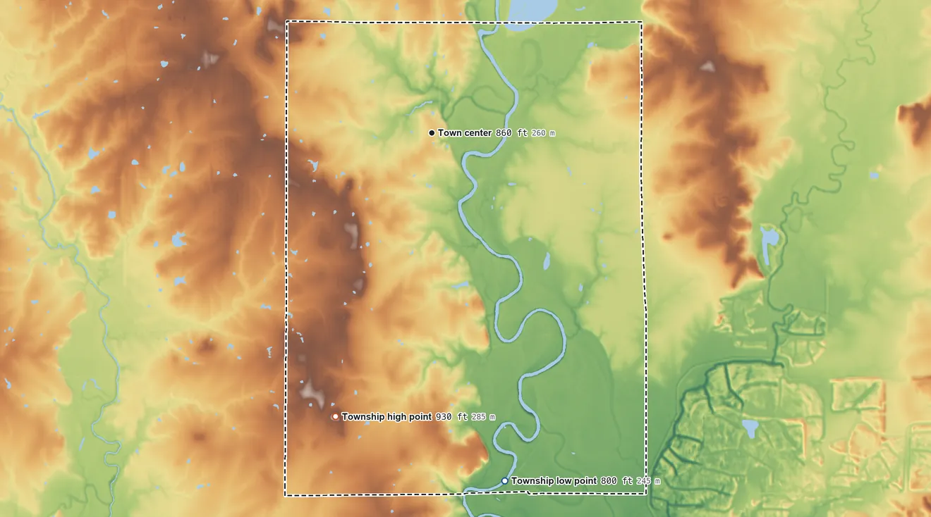 Topographic elevation map of Montana Township, Kansas, shaded from 800 ft on the south side to 930 ft on the south side