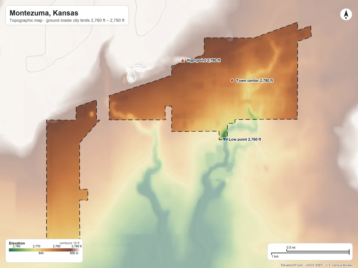 Topographic elevation map of Montezuma, Kansas, shaded from 2,760 ft on the south side to 2,790 ft on the west side