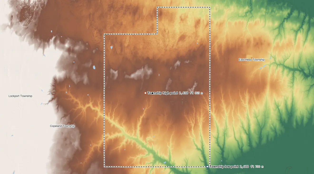 Topographic elevation map of Montezuma Township, Kansas, shaded from 2,600 ft on the southeast side to 2,830 ft near the middle