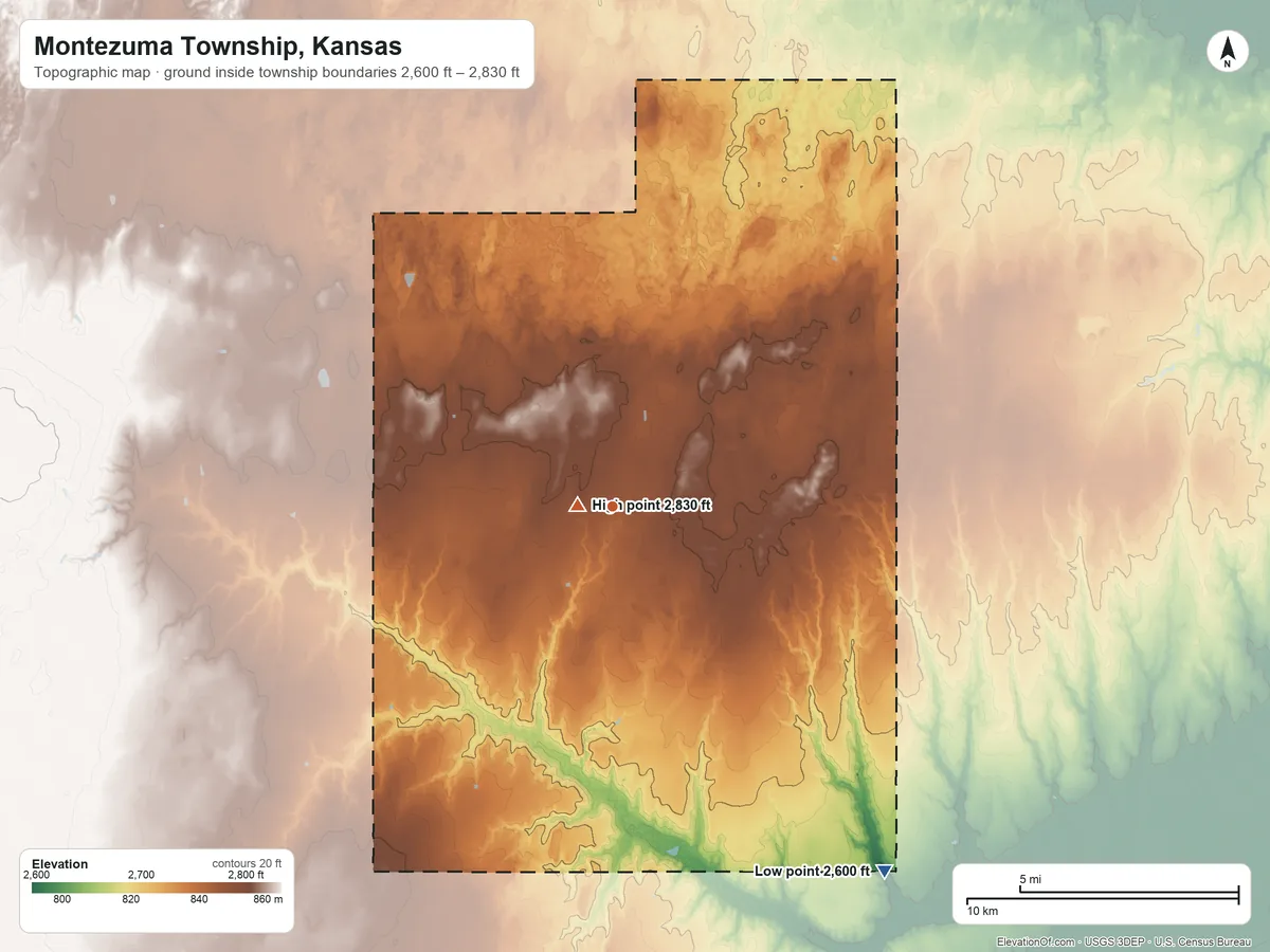 Topographic elevation map of Montezuma Township, Kansas, shaded from 2,600 ft on the southeast side to 2,830 ft near the middle