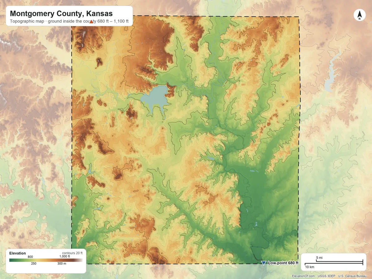 Topographic elevation map of Montgomery County, Kansas, shaded from 680 ft on the southeast side to 1,100 ft on the northwest side