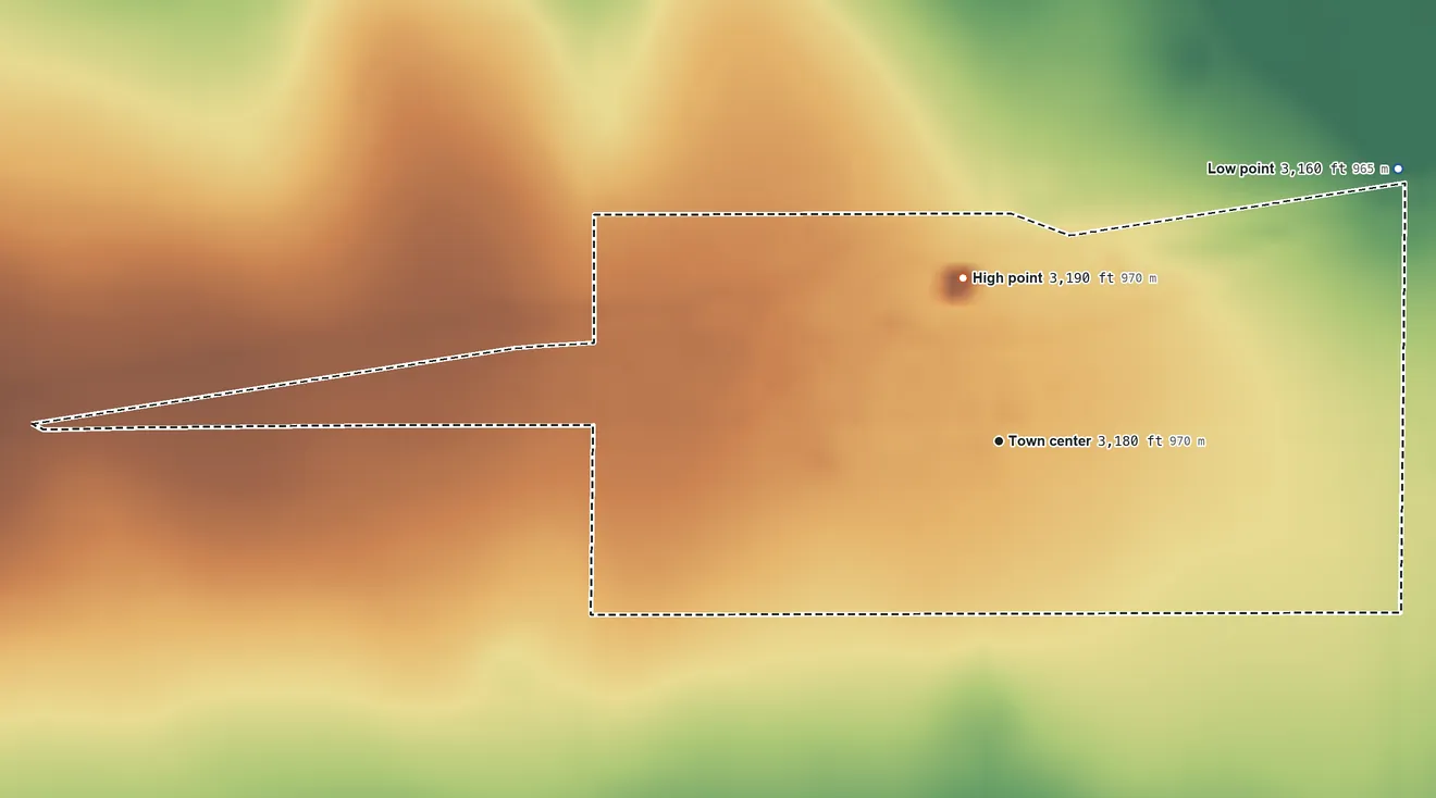 Topographic elevation map of Monument, Kansas, shaded from 3,160 ft on the northeast side to 3,190 ft on the north side
