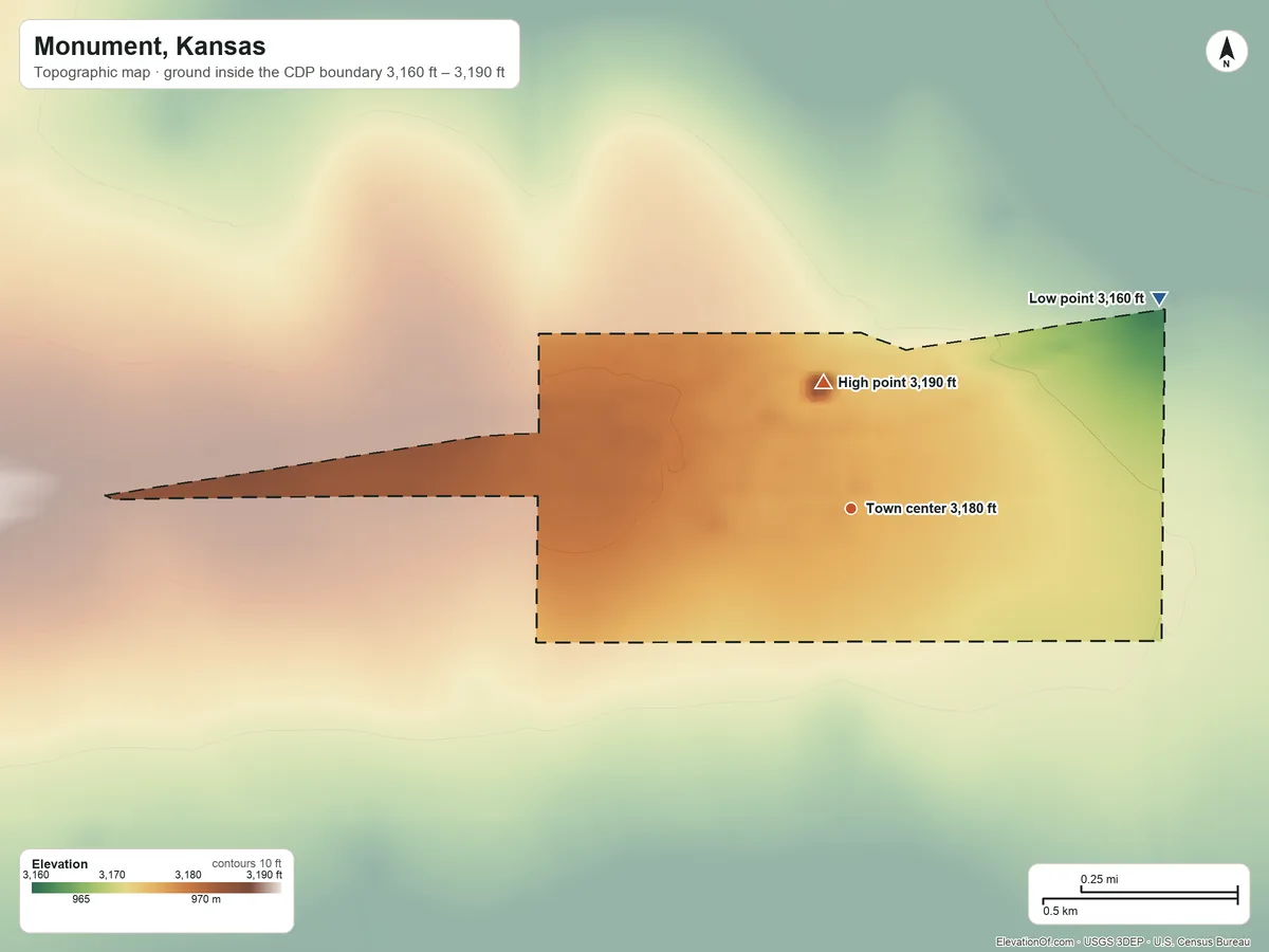 Topographic elevation map of Monument, Kansas, shaded from 3,160 ft on the northeast side to 3,190 ft on the north side
