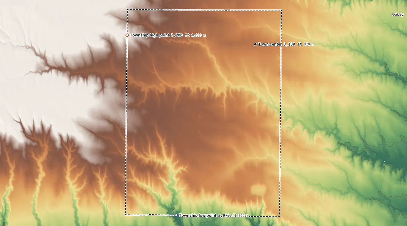 Topographic elevation map of Monument Township, Kansas, shaded from 2,970 ft on the southwest side to 3,280 ft on the west side