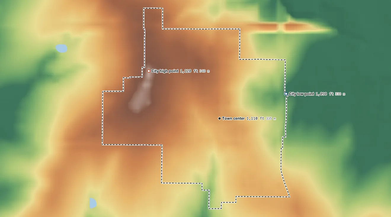 Topographic elevation map of Moran, Kansas, shaded from 1,090 ft on the east side to 1,120 ft on the northwest side