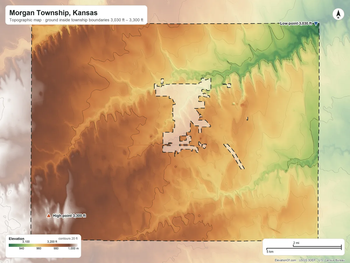 Topographic elevation map of Morgan Township, Kansas, shaded from 3,030 ft on the northeast side to 3,300 ft on the southwest side