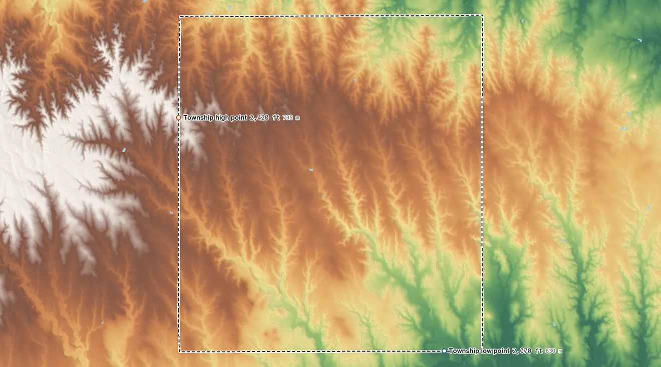 Topographic elevation map of Morlan Township, Kansas, shaded from 2,070 ft on the southeast side to 2,420 ft on the west side