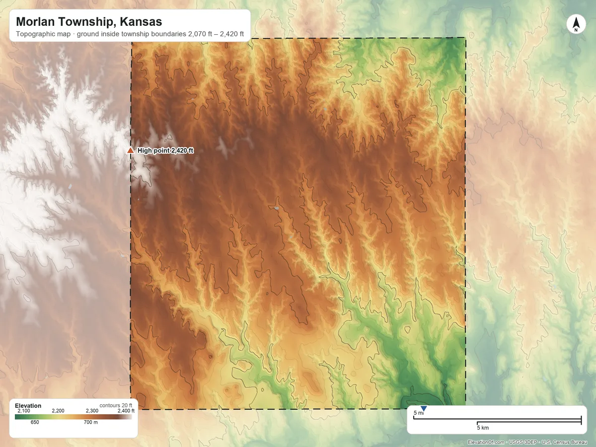 Topographic elevation map of Morlan Township, Kansas, shaded from 2,070 ft on the southeast side to 2,420 ft on the west side