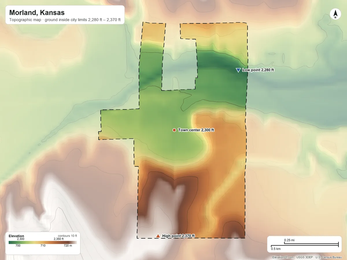 Topographic elevation map of Morland, Kansas, shaded from 2,280 ft on the northeast side to 2,370 ft on the south side