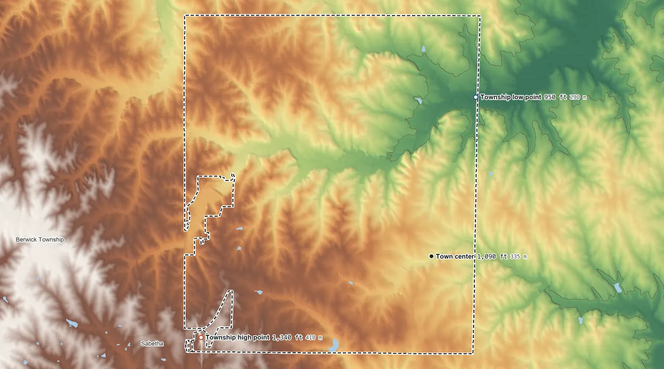 Topographic elevation map of Morrill Township, Kansas, shaded from 950 ft on the north side to 1,340 ft on the west side
