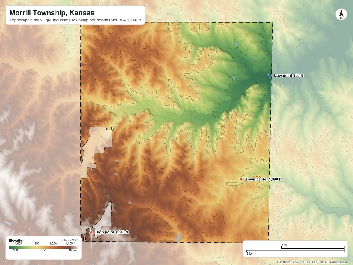 Topographic elevation map of Morrill Township, Kansas, shaded from 950 ft on the north side to 1,340 ft on the west side
