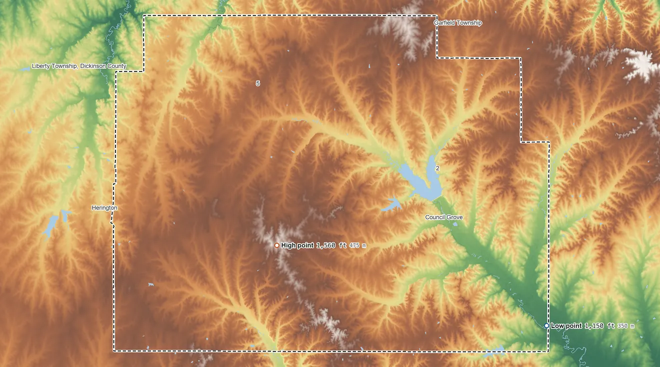 Topographic elevation map of Morris County, Kansas, shaded from 1,150 ft on the southeast side to 1,560 ft on the southwest side