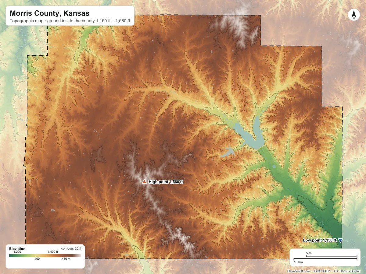 Topographic elevation map of Morris County, Kansas, shaded from 1,150 ft on the southeast side to 1,560 ft on the southwest side