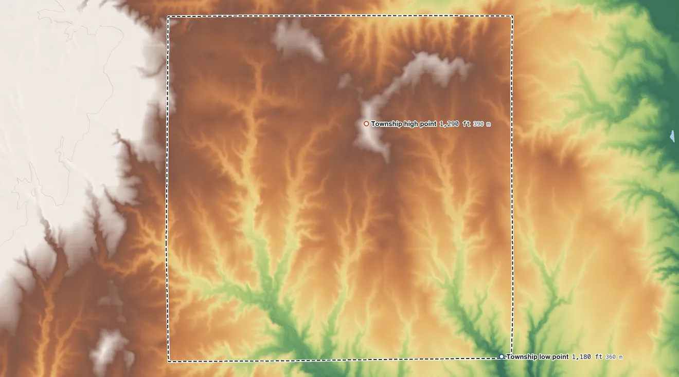 Topographic elevation map of Morris Township, Kansas, shaded from 1,180 ft on the south side to 1,290 ft on the northwest side