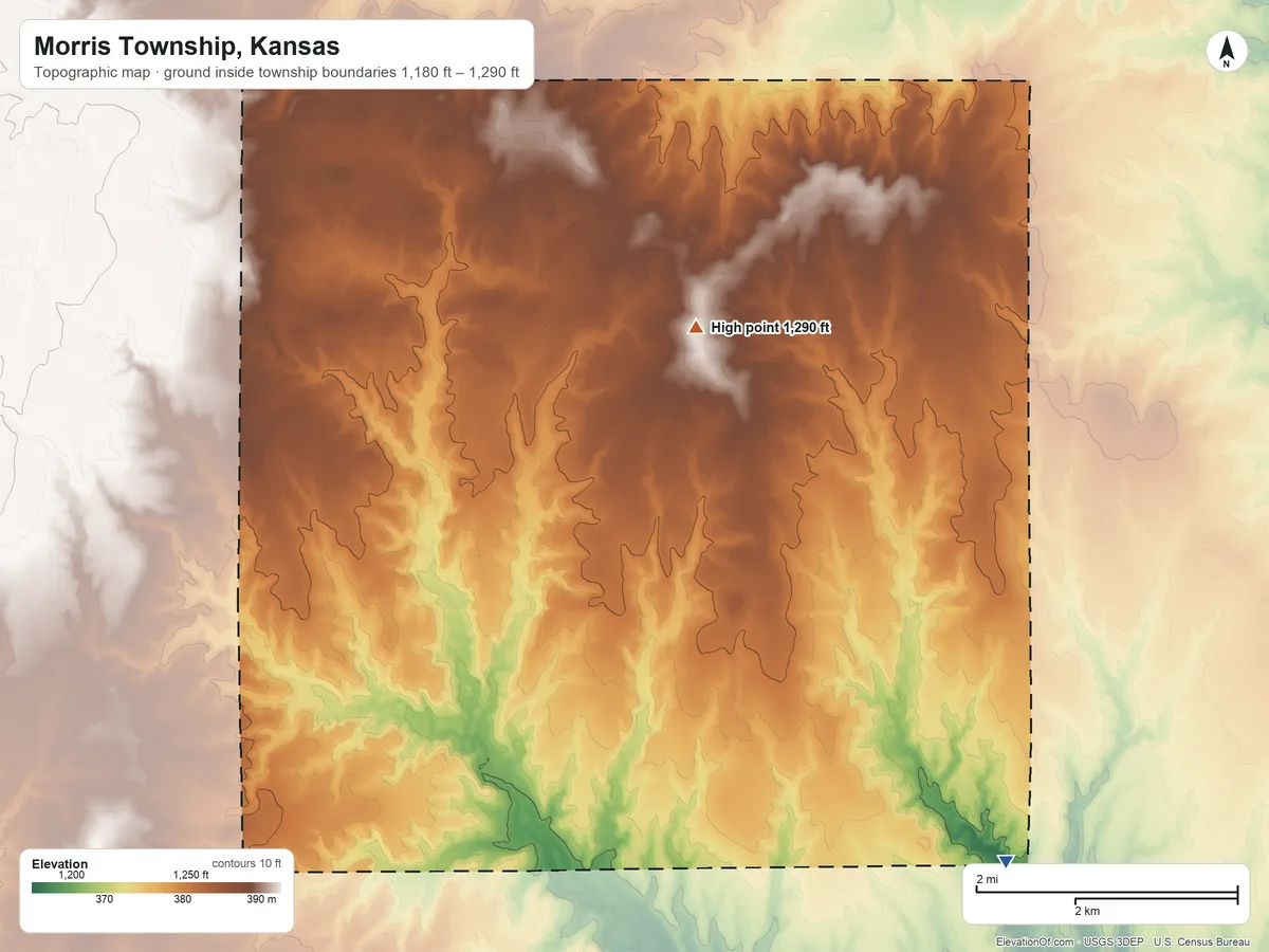 Topographic elevation map of Morris Township, Kansas, shaded from 1,180 ft on the south side to 1,290 ft on the northwest side