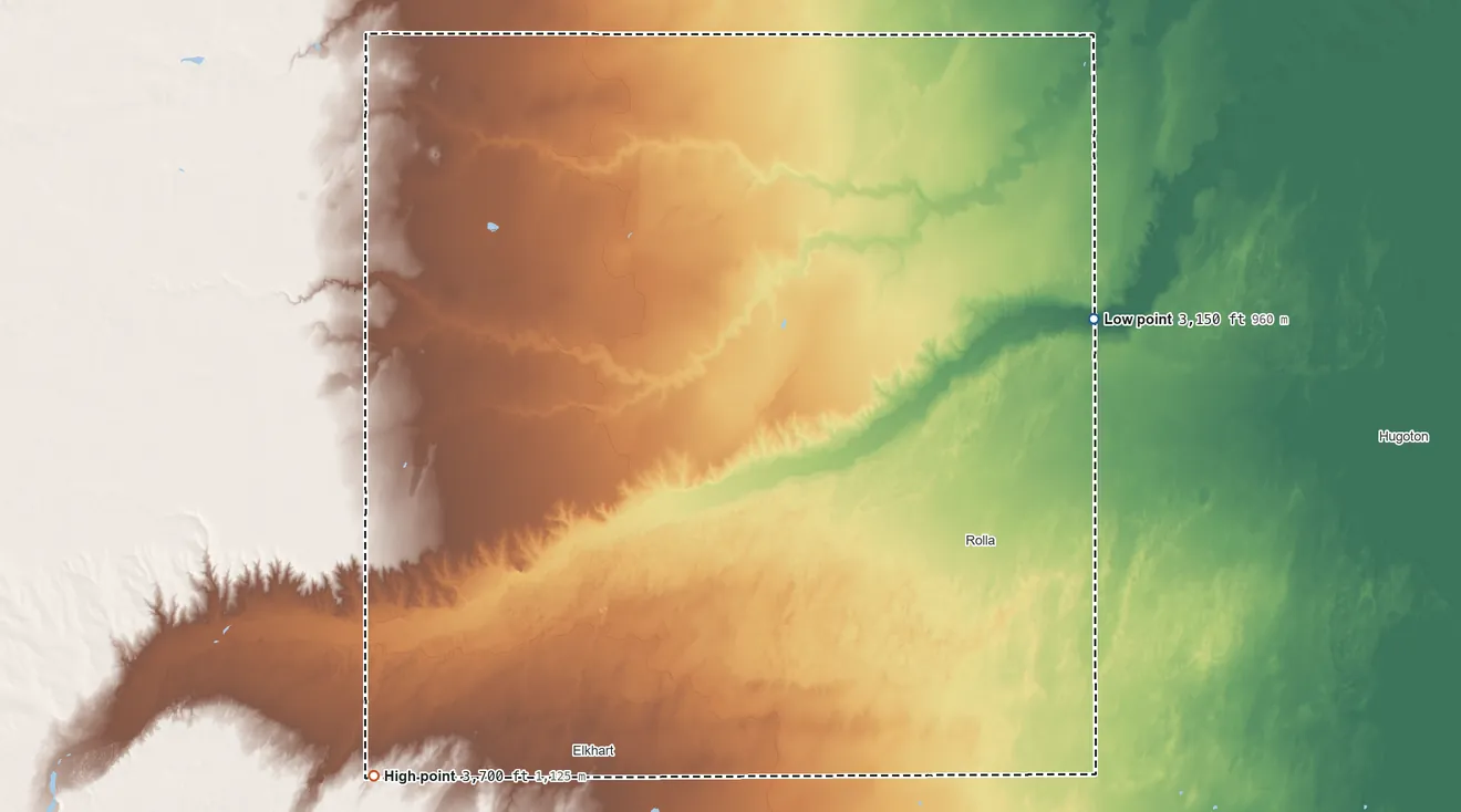 Topographic elevation map of Morton County, Kansas, shaded from 3,150 ft on the east side to 3,700 ft on the southwest side