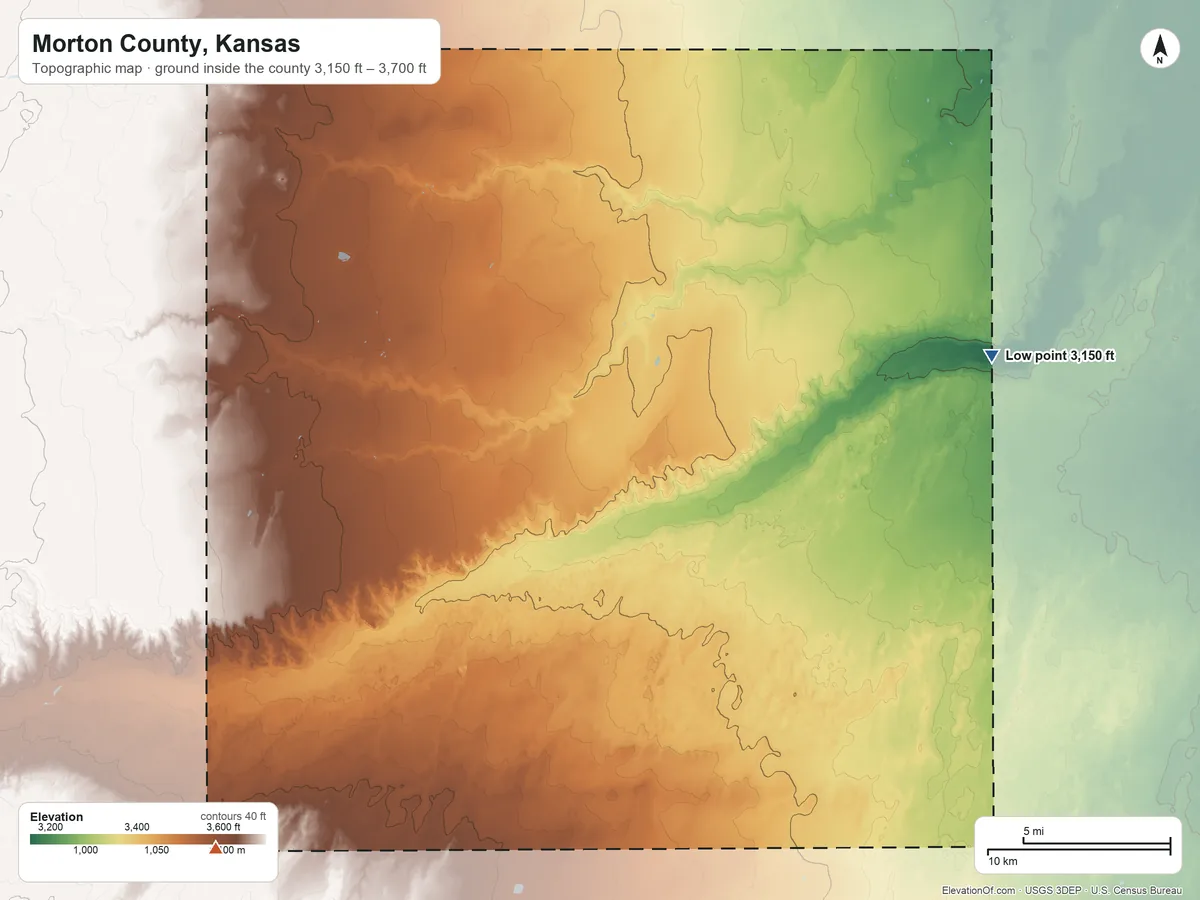 Topographic elevation map of Morton County, Kansas, shaded from 3,150 ft on the east side to 3,700 ft on the southwest side