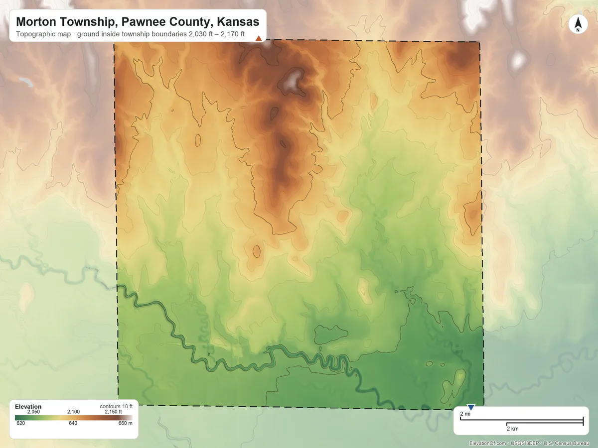 Topographic elevation map of Morton Township, Pawnee County, Kansas, shaded from 2,030 ft on the southeast side to 2,170 ft on the northwest side