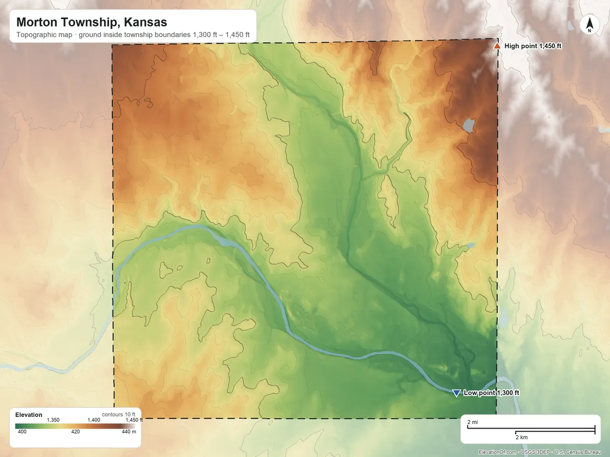 Topographic elevation map of Morton Township, Kansas, shaded from 1,300 ft on the southeast side to 1,450 ft on the east side