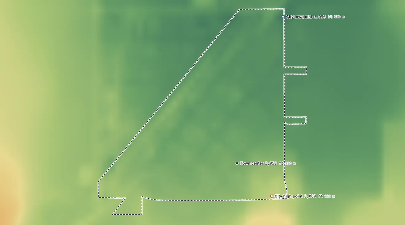 Topographic elevation map of Moscow, Kansas, shaded from 3,050 ft on the north side to 3,060 ft on the southeast side