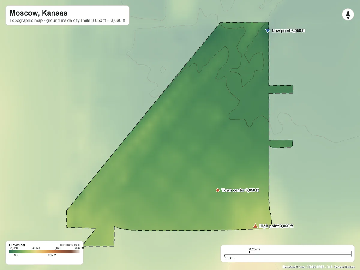 Topographic elevation map of Moscow, Kansas, shaded from 3,050 ft on the north side to 3,060 ft on the southeast side
