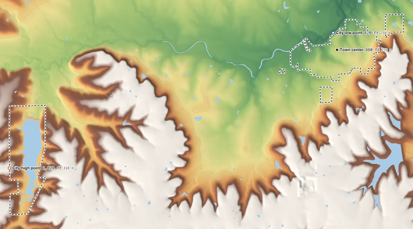 Topographic elevation map of Mound City, Kansas, shaded from 820 ft near the middle to 1,020 ft on the west side
