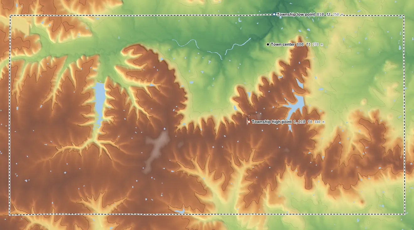 Topographic elevation map of Mound City Township, Kansas, shaded from 810 ft near the middle to 1,110 ft on the south side