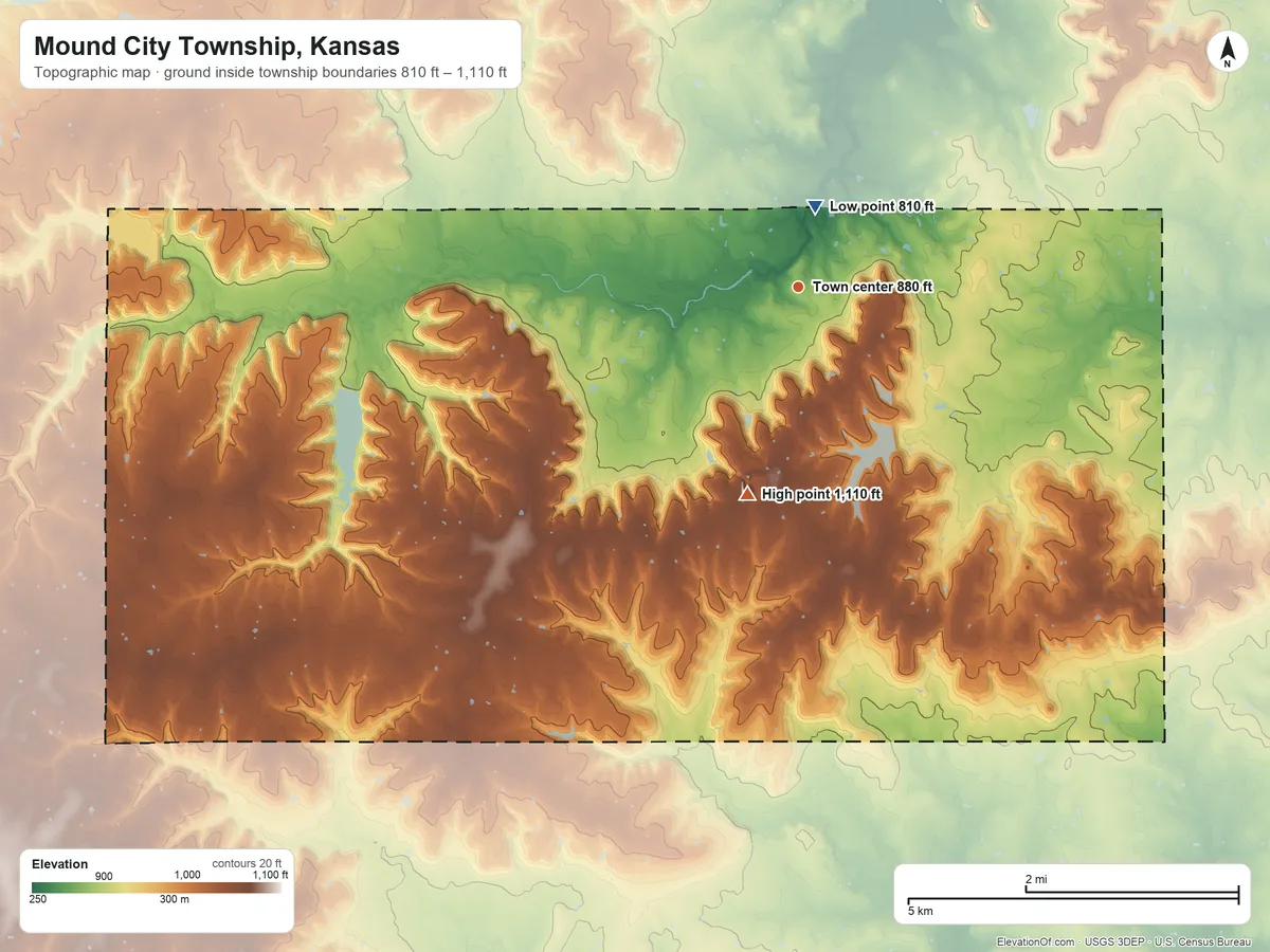Topographic elevation map of Mound City Township, Kansas, shaded from 810 ft near the middle to 1,110 ft on the south side