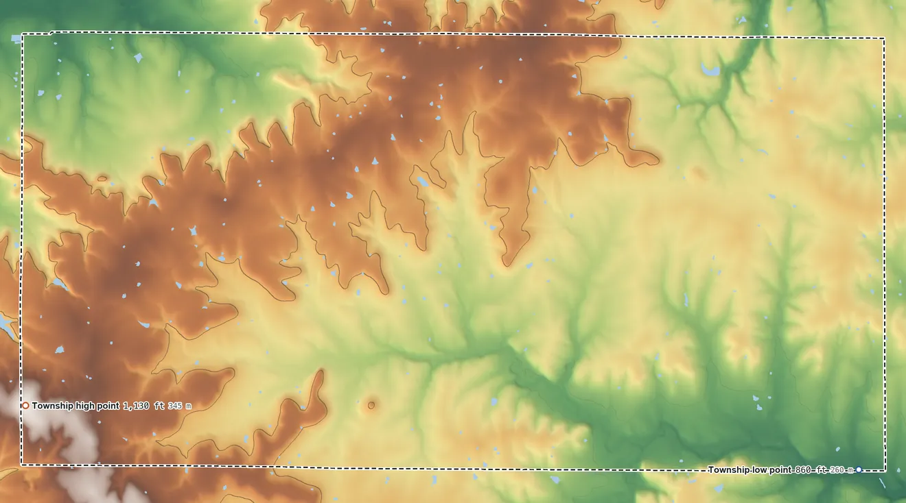 Topographic elevation map of Mound Township, Miami County, Kansas, shaded from 860 ft on the southeast side to 1,130 ft on the southwest side