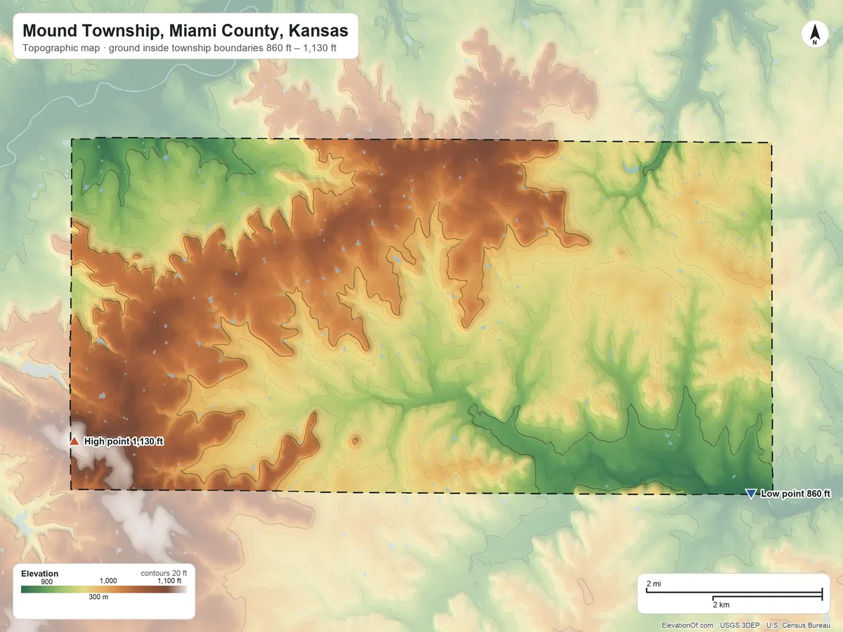 Topographic elevation map of Mound Township, Miami County, Kansas, shaded from 860 ft on the southeast side to 1,130 ft on the southwest side