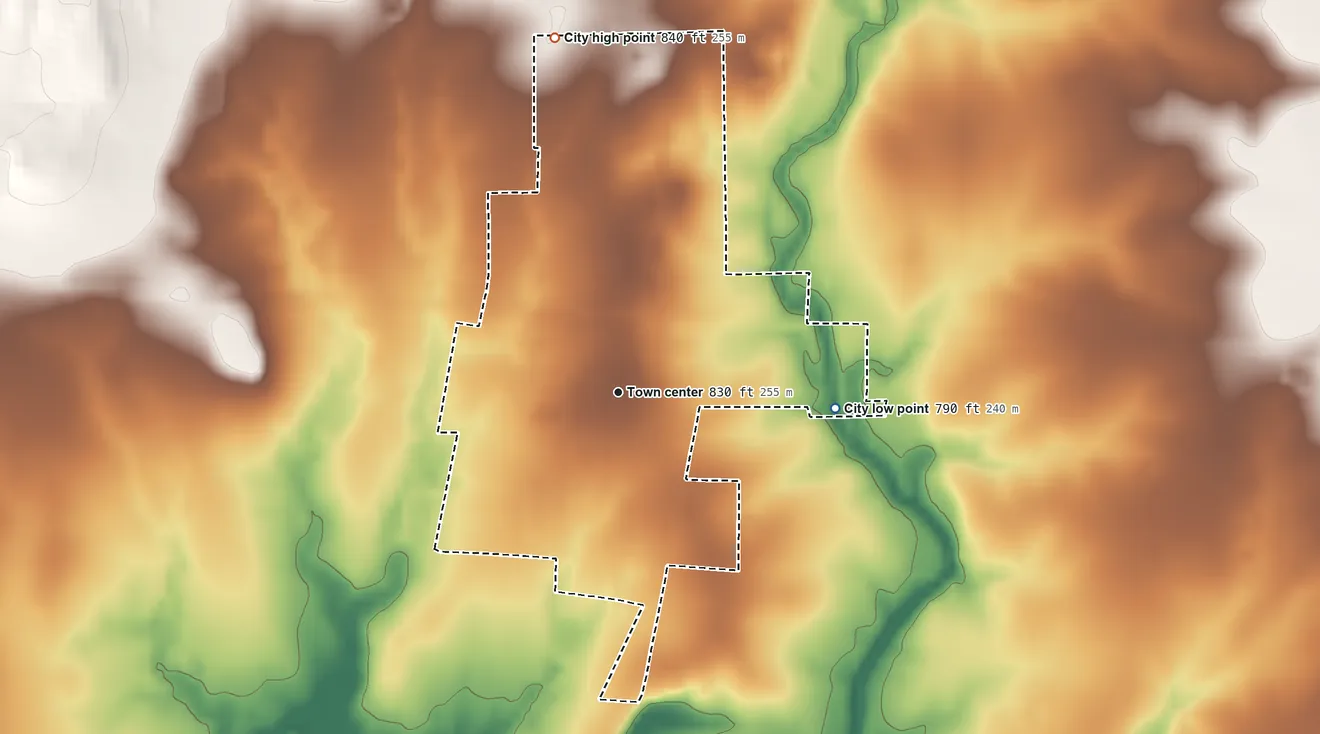 Topographic elevation map of Mound Valley, Kansas, shaded from 790 ft on the east side to 840 ft on the north side