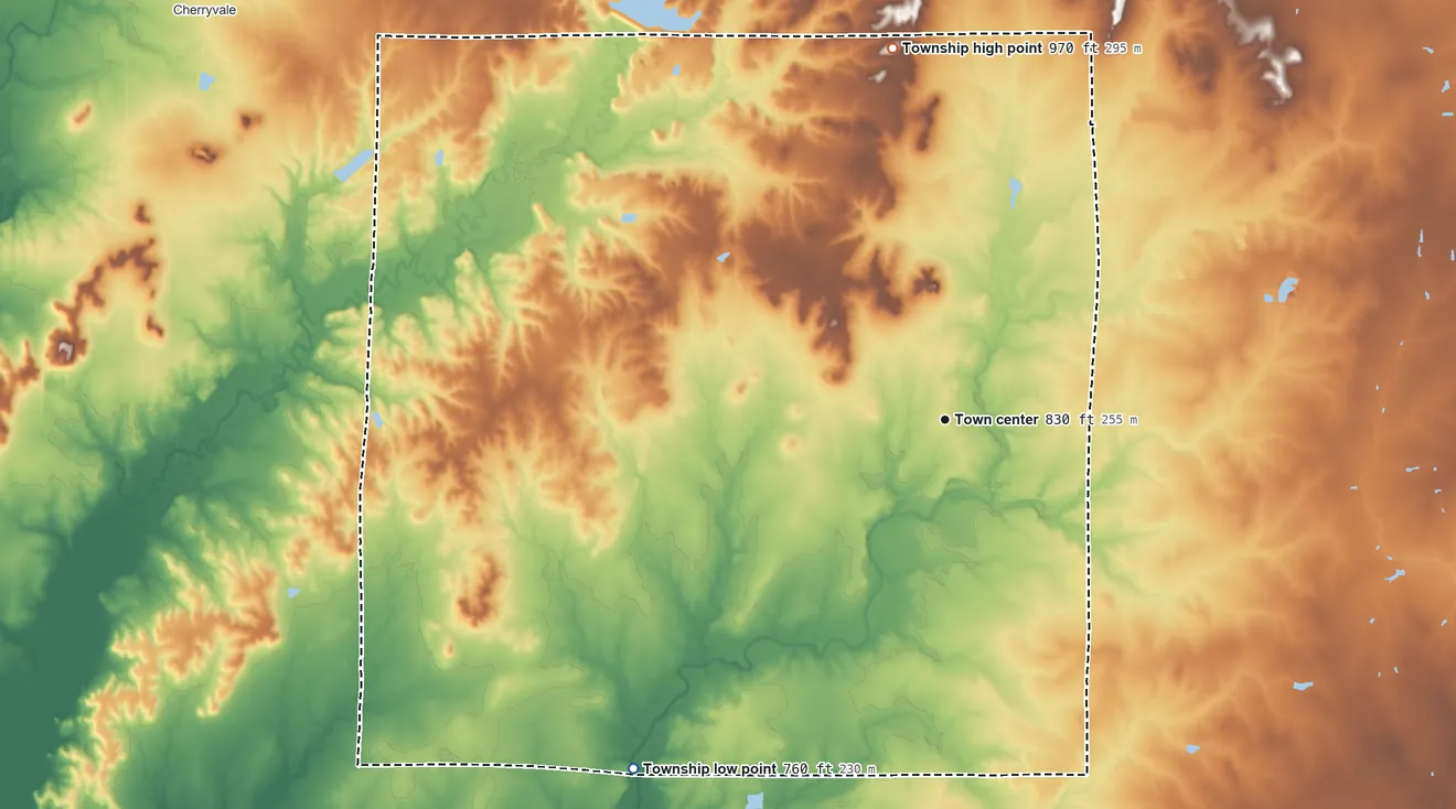 Topographic elevation map of Mound Valley Township, Kansas, shaded from 760 ft on the southwest side to 970 ft on the north side