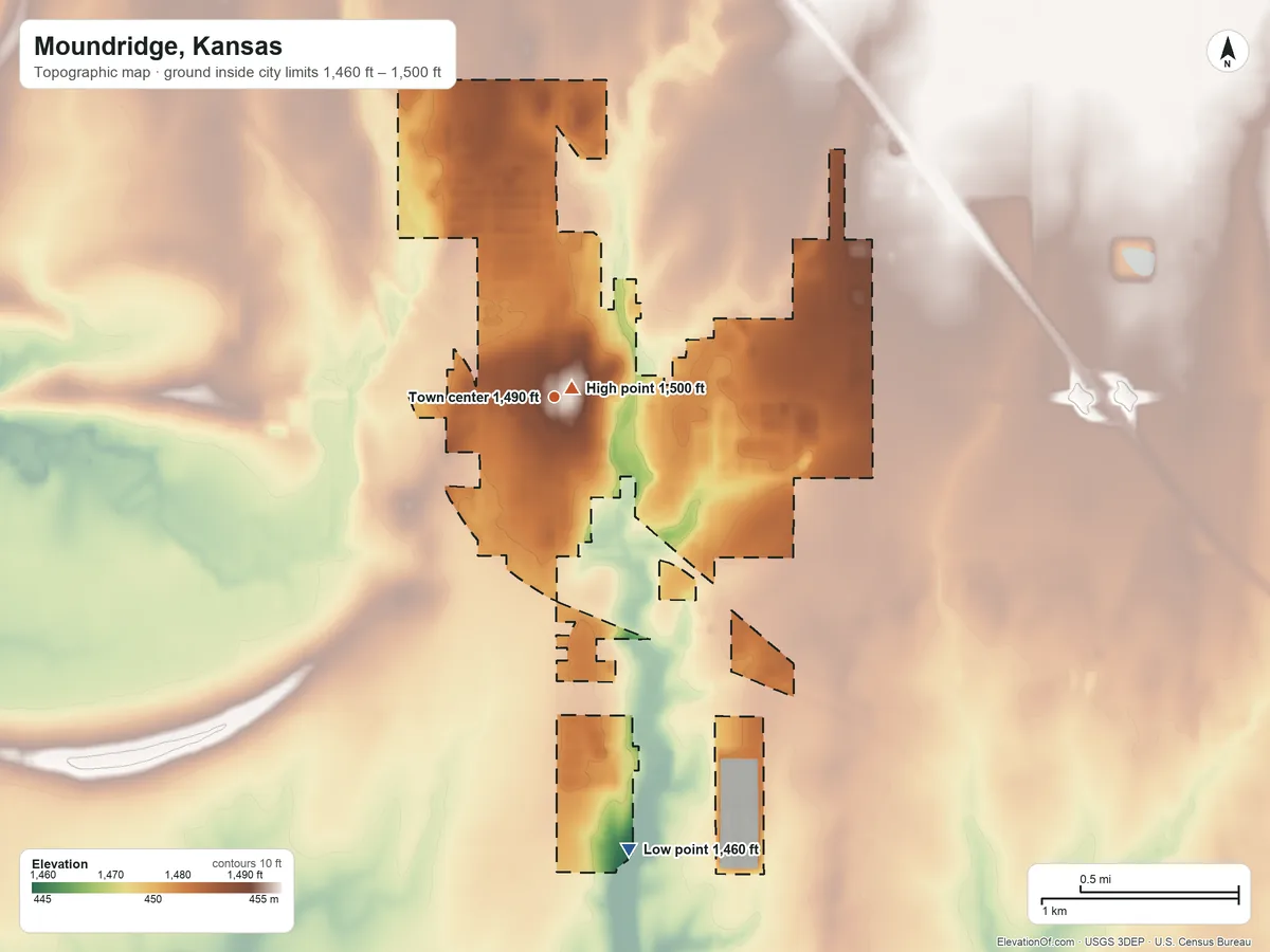 Topographic elevation map of Moundridge, Kansas, shaded from 1,460 ft on the south side to 1,500 ft near the middle