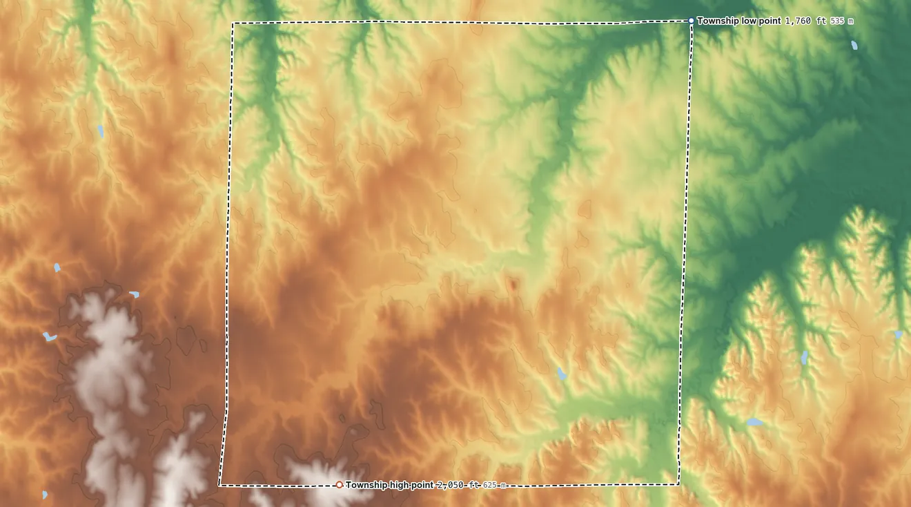 Topographic elevation map of Mount Ayr Township, Kansas, shaded from 1,760 ft on the northeast side to 2,050 ft on the southwest side