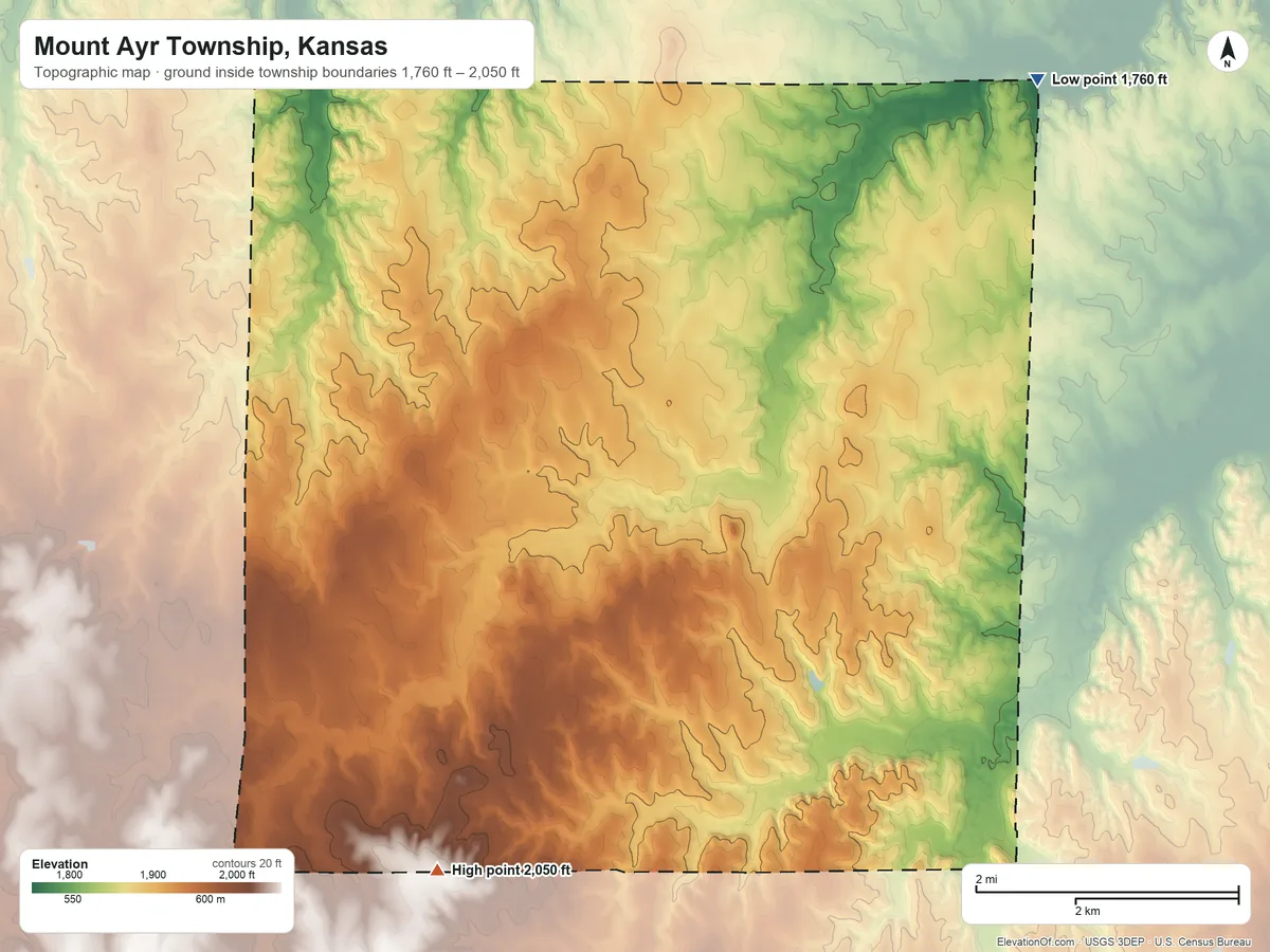 Topographic elevation map of Mount Ayr Township, Kansas, shaded from 1,760 ft on the northeast side to 2,050 ft on the southwest side