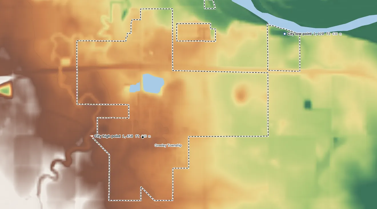 Topographic elevation map of Mount Hope, Kansas, shaded from 1,420 ft on the northeast side to 1,450 ft on the west side