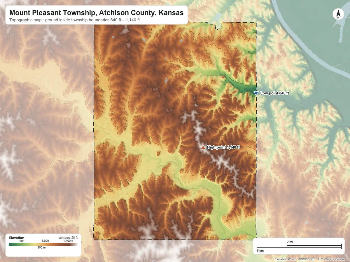 Topographic elevation map of Mount Pleasant Township, Atchison County, Kansas, shaded from 840 ft on the east side to 1,140 ft on the southeast side