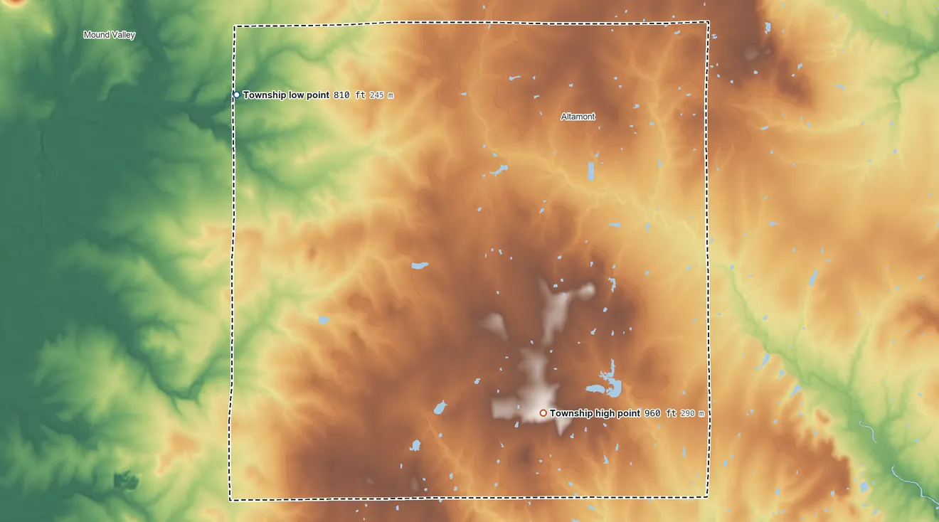 Topographic elevation map of Mount Pleasant Township, Kansas, shaded from 810 ft on the west side to 960 ft on the south side