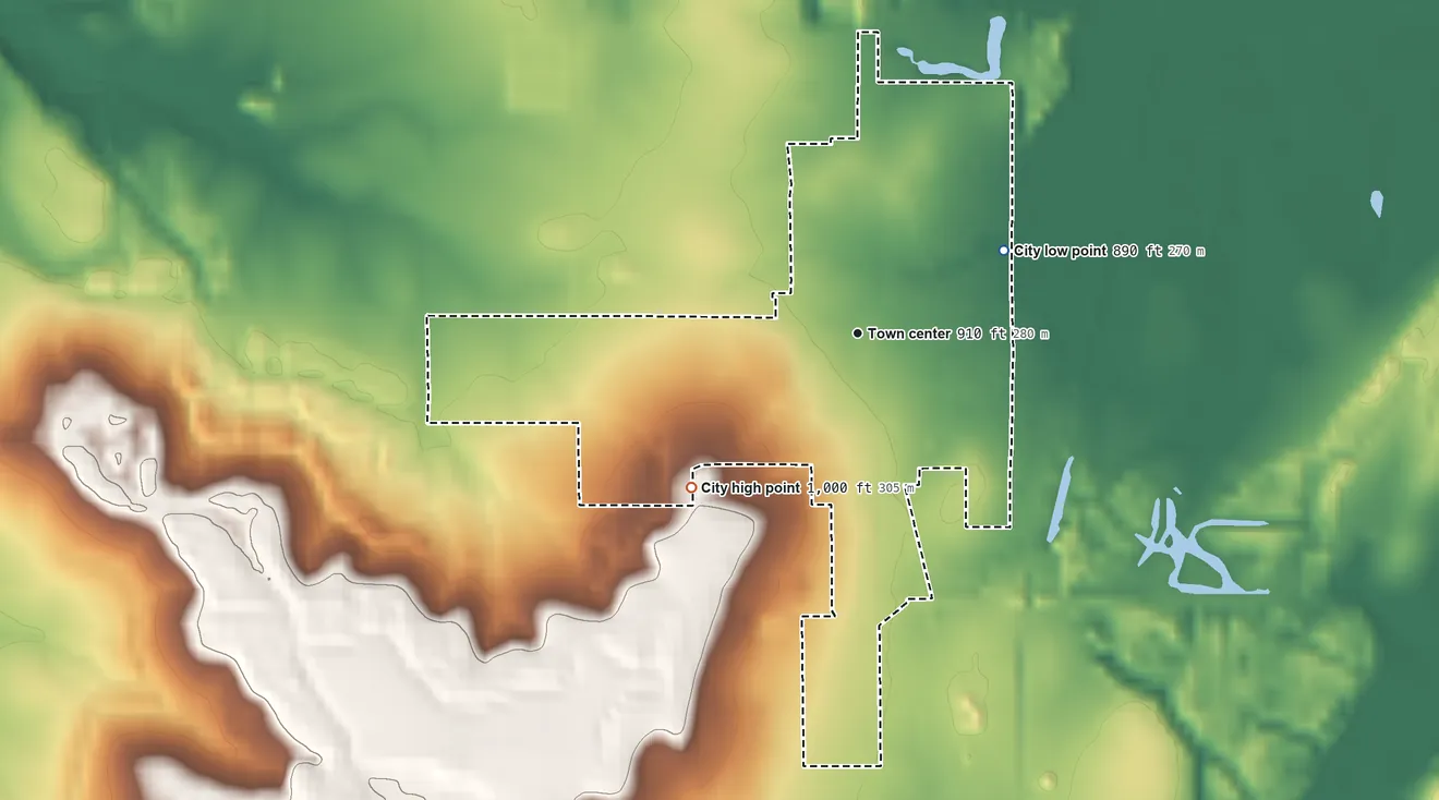 Topographic elevation map of Mulberry, Kansas, shaded from 890 ft on the northeast side to 1,000 ft on the southwest side