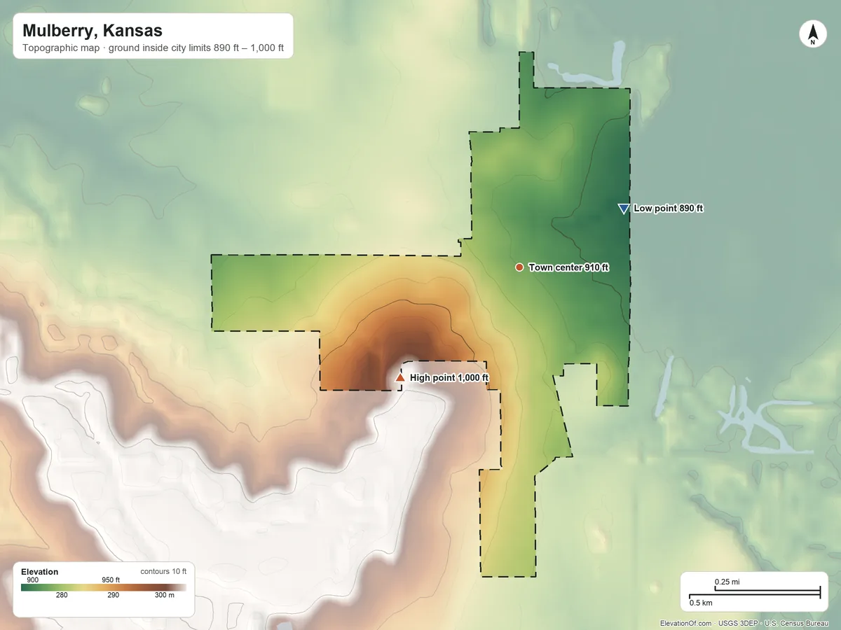 Topographic elevation map of Mulberry, Kansas, shaded from 890 ft on the northeast side to 1,000 ft on the southwest side
