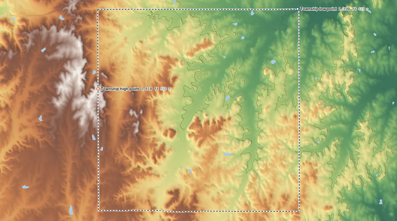 Topographic elevation map of Mulberry Township, Kansas, shaded from 1,390 ft on the northeast side to 1,810 ft on the west side