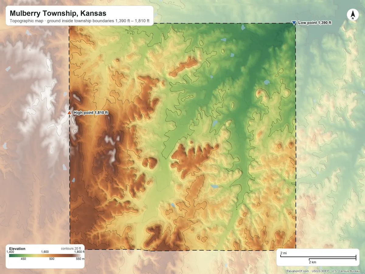 Topographic elevation map of Mulberry Township, Kansas, shaded from 1,390 ft on the northeast side to 1,810 ft on the west side