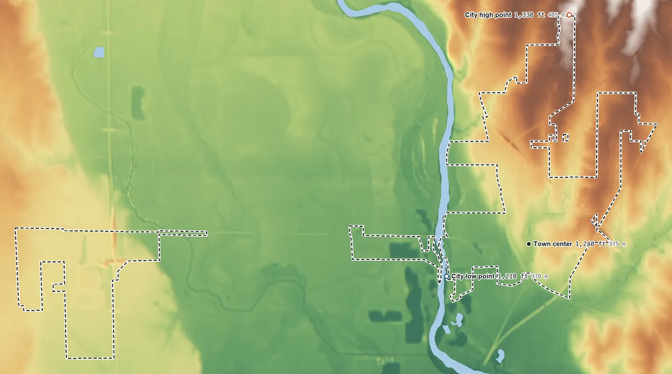 Topographic elevation map of Mulvane, Kansas, shaded from 1,210 ft on the west side to 1,330 ft on the north side
